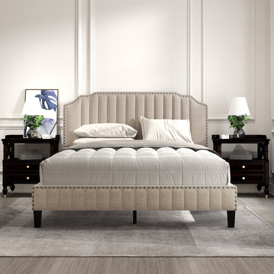 Modern 3-Piece Bedroom Set: Curved Beige Linen Upholstered Queen Platform Bed with Two Black Cherry Nightstands