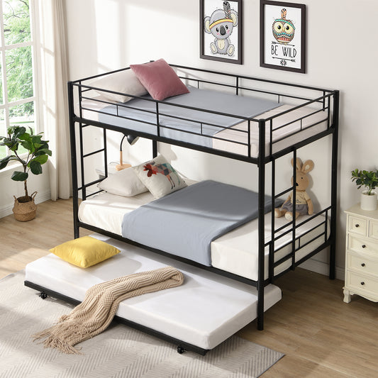 Twin Bunk Bed Frame with Trundle, Metal Bunk bed with Sturdy Guard Rail 2 side Ladders