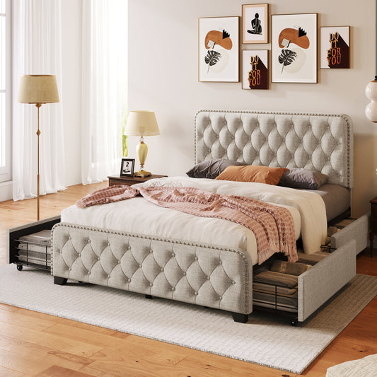 Beige Full Upholstered Platform Bed Frame - 4 Drawers, Button Tufted Head/Footboard, Sturdy Metal Support - No Box Spring Needed