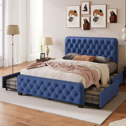 Full Blue Size Upholstered Platform Bed Frame with 4 Drawers, Button Tufted Headboard