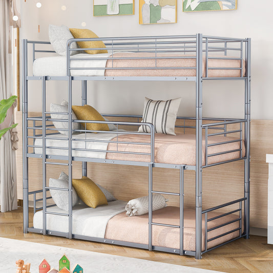 Twin-Twin-Twin Triple Bed with Built-in Ladder, Divided into Three Separate Beds, Gray(OLD SKU:LP000197AAE)
