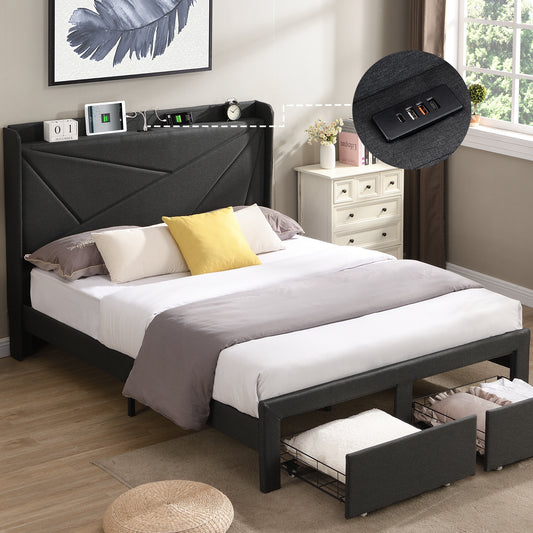 Dark Gray Queen Size Bed Frame - Upholstered with Storage Drawers, USB Charging, Wingback Headboard, Strong Wood Slats - No Box Spring Required