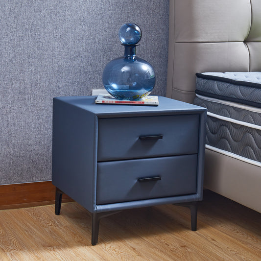 Contemporary 2-Drawer Nightstand: PU Leather Accents, Hardware Legs - Versatile Bedside Cabinet or End Table, Blue-Gray