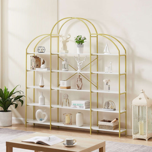 Modern Gold & White Bookcase - 5 Tier Office Shelf 74.8 Inch