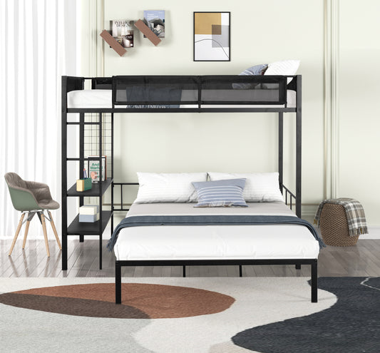 Metal Twin over Full Bunk Bed with Shelves & Grid Panel. Noise-free Wood Slats, Textilene Guardrail. Includes 2-Tier Shelves. Can Separate into Full Size Bed.
