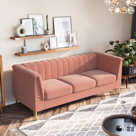 Modern Velvet Upholstered 3-Seat Sofa with Golden Metal Legs - Pink - Ideal for Home, Apartment, or Office