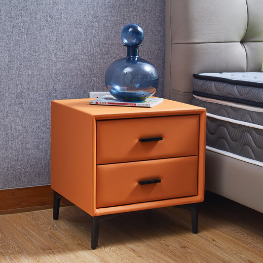 Modern 2-Drawer Nightstand: PU Leather, Hardware Legs - End Table for Living Room/Bedroom (Orange)