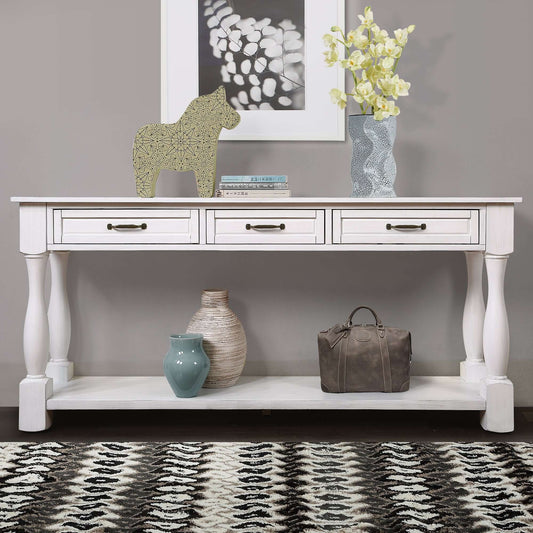 Antique White Wood Console Hallway Table with Drawers 63in.
