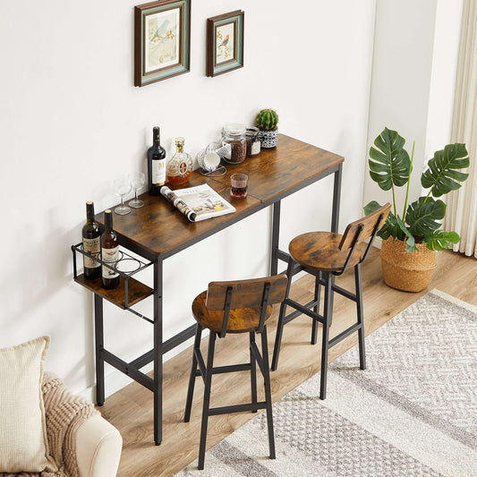 Rustic Brown Bar Table Set with Wine Storage Rack