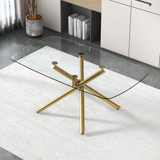 Modern Rectangular Glass Dining Table: 71'' x 39'' x 30'' with 0.39" Tempered Glass Top, Golden Plated Metal Legs