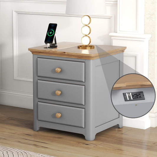 Wooden Nightstand with USB Charging Ports and Three Drawers,End Table for Bedroom,Gray+Natrual