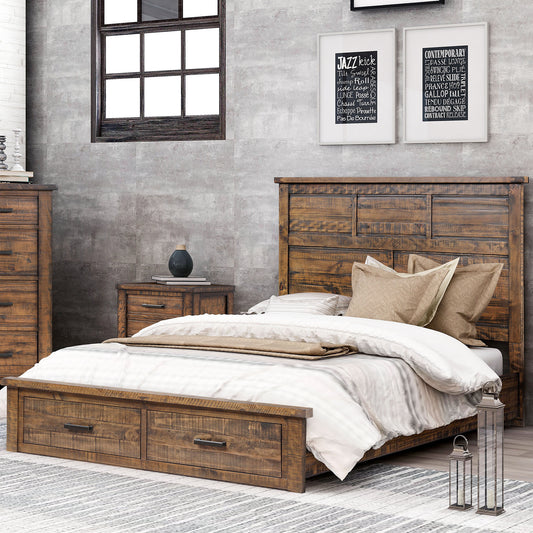 Rustic Reclaimed Solid Wood Queen Panel Bed with Storage - Farmhouse Style