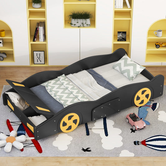 Black and Yellow Twin Size Race Car Platform Bed with Wheels and Storage - Kids' Dream Bed