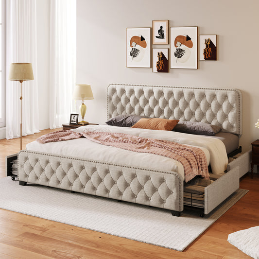 King Beige Upholstered Platform Bed Frame - 4 Drawers, Button Tufted Head/Footboard, Sturdy Metal Support - No Box Spring Needed
