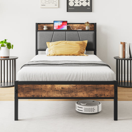 Twin Size Bed Frame, Storage Headboard with Charging Station, Solid and Stable, Noise Free, No Box Spring Needed, Easy Assembly