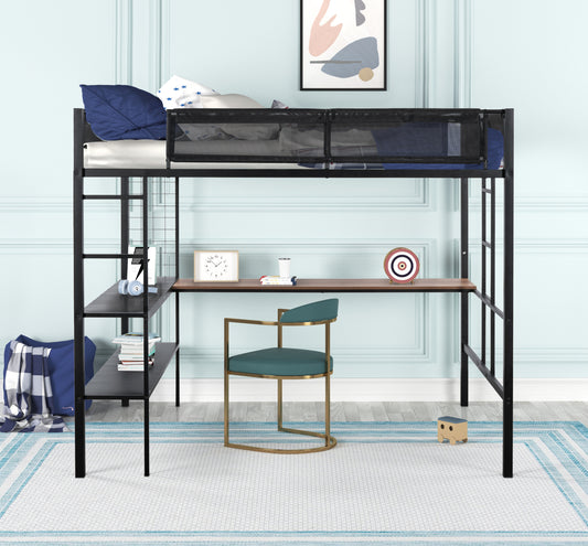 Full Size Loft Bed with Desk, Shelves, and Sturdy Metal Frame: