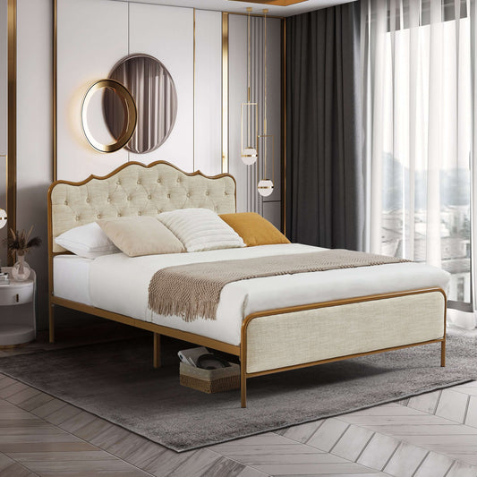Elegant Queen Bed with Buckle Backrest & Wood Frame