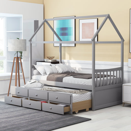 Gray Twin Size Wooden House Bed with Trundle & 3 Storage Drawers