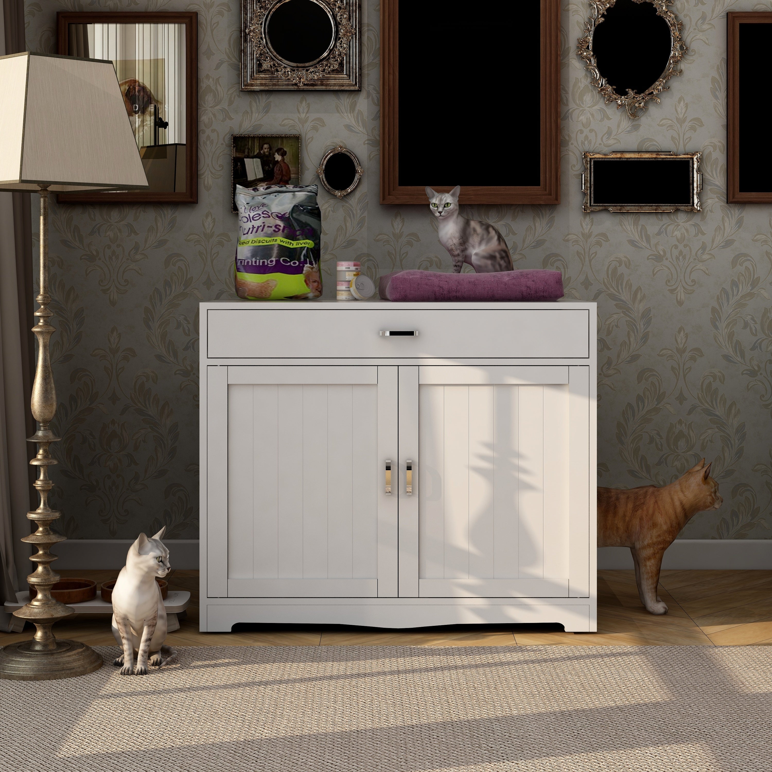 Cat Litter Box Enclosure Furniture with Hidden Plug, 2 Doors, Indoor White