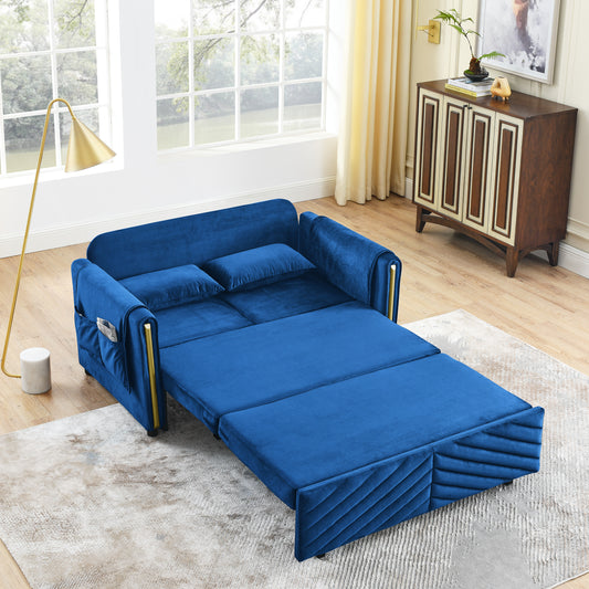 Multi-Functional Blue Velvet 3-in-1 Convertible Sleeper Sofa Bed - 55" Pull-Out Couch. Includes 2 Pillows and Storage Bags.
