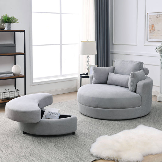 Swivel Accent Barrel Modern Grey Sofa Lounge Club Big Round Chair with Storage Ottoman Linen Fabric for Living Room Hotel with Pillows