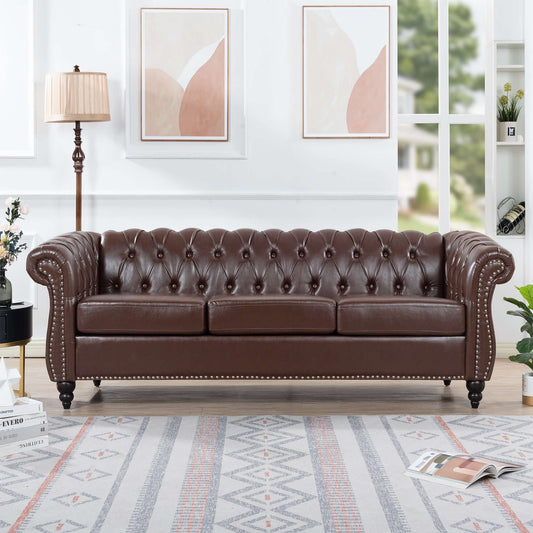 Dark Brown Chesterfield Sofa - Elegant PU Leather 84.65"